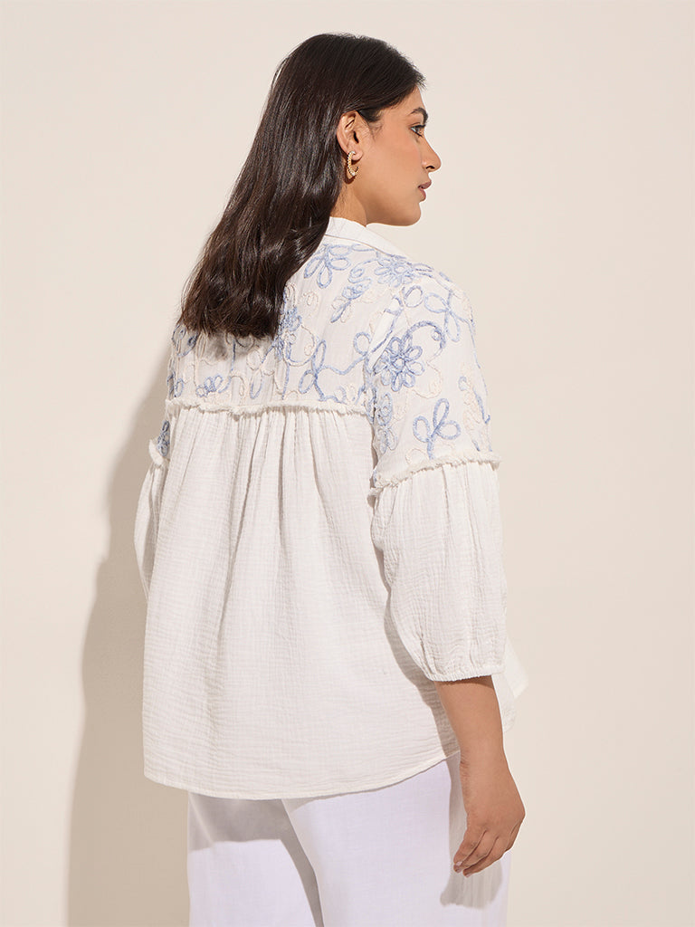 Gia White Floral Embroidered Cotton Shirt