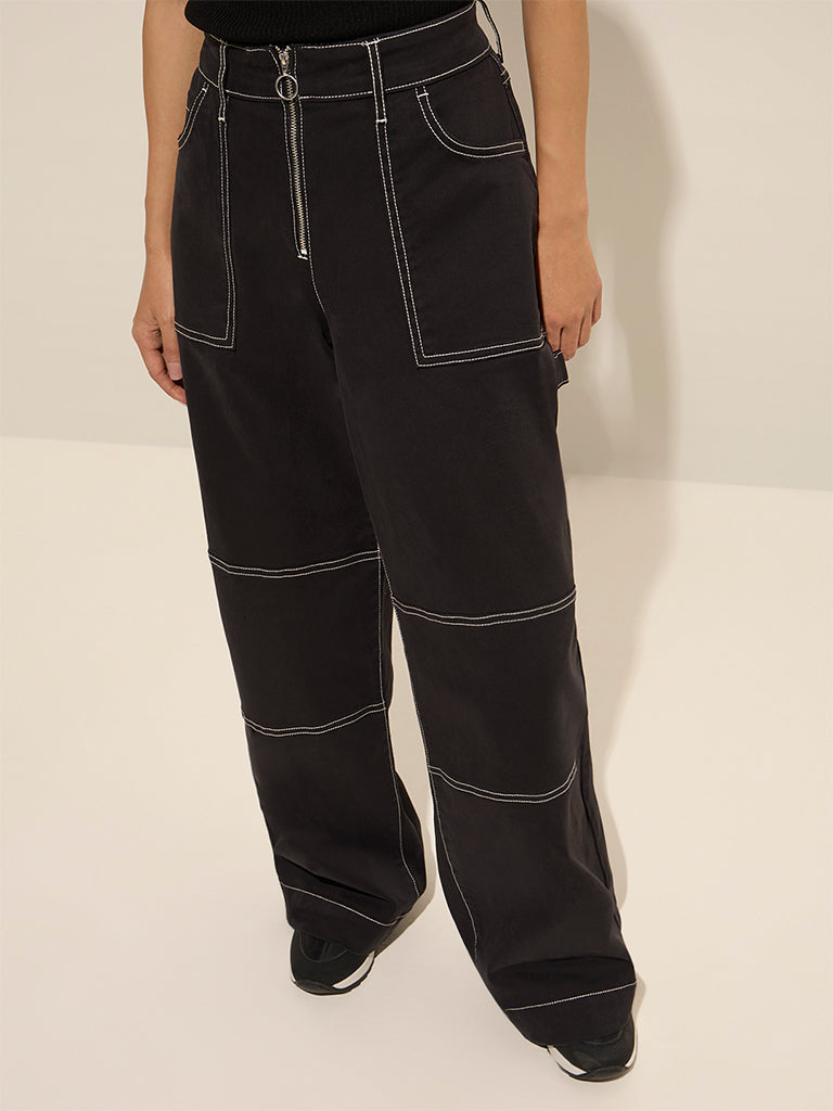 Nuon Black High-Rise Relaxed-Fit Cotton Trousers