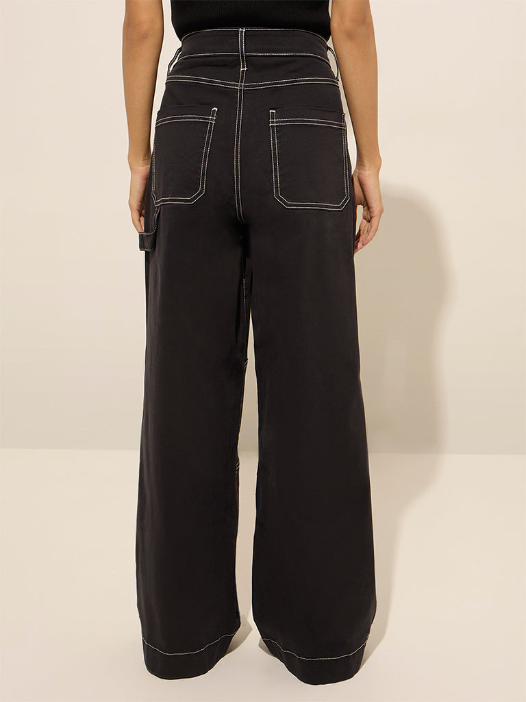 Nuon Black High-Rise Relaxed-Fit Cotton Trousers