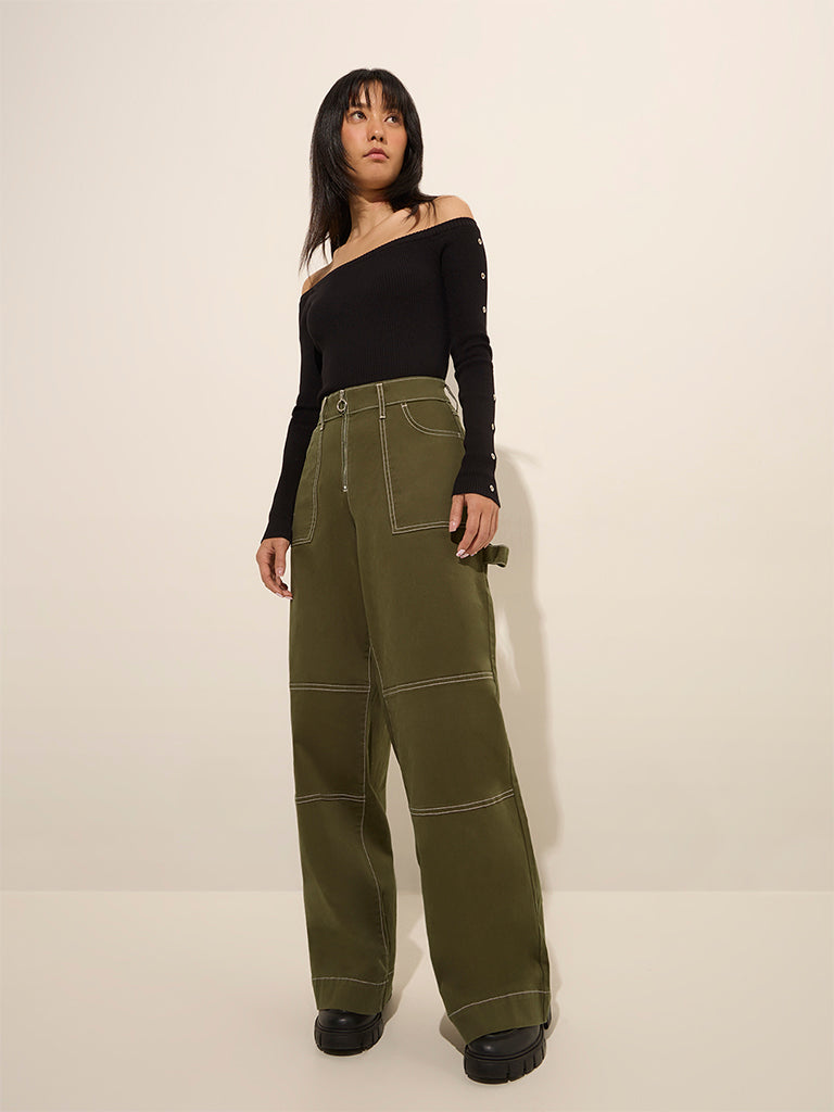 Nuon Olive High-Rise Relaxed-Fit Cotton Trousers