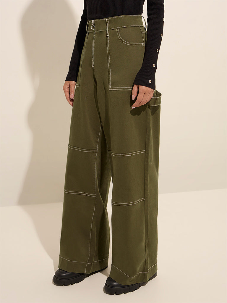 Nuon Olive High-Rise Relaxed-Fit Cotton Trousers