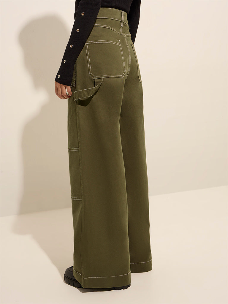 Nuon Olive High-Rise Relaxed-Fit Cotton Trousers