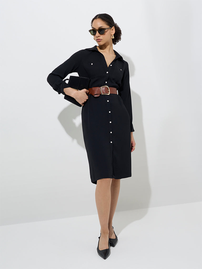 Wardrobe Black Solid Shirt Dress with Belt