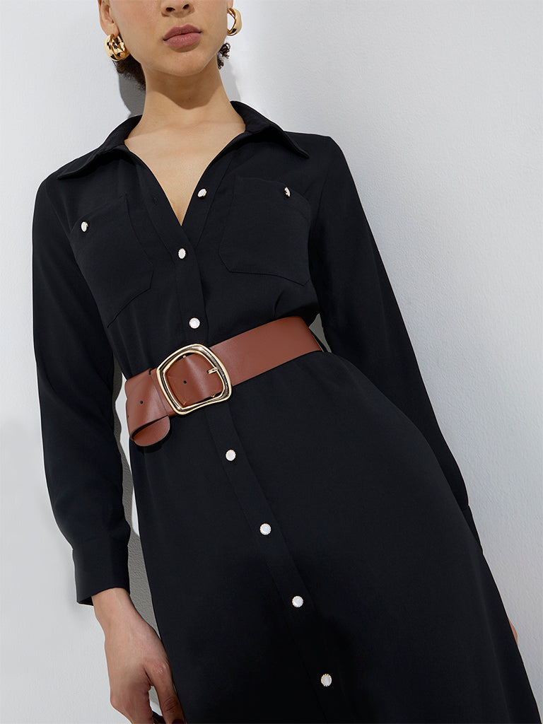 Wardrobe Black Solid Shirt Dress with Belt