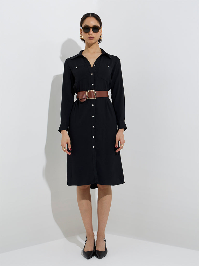 Wardrobe Black Solid Shirt Dress with Belt