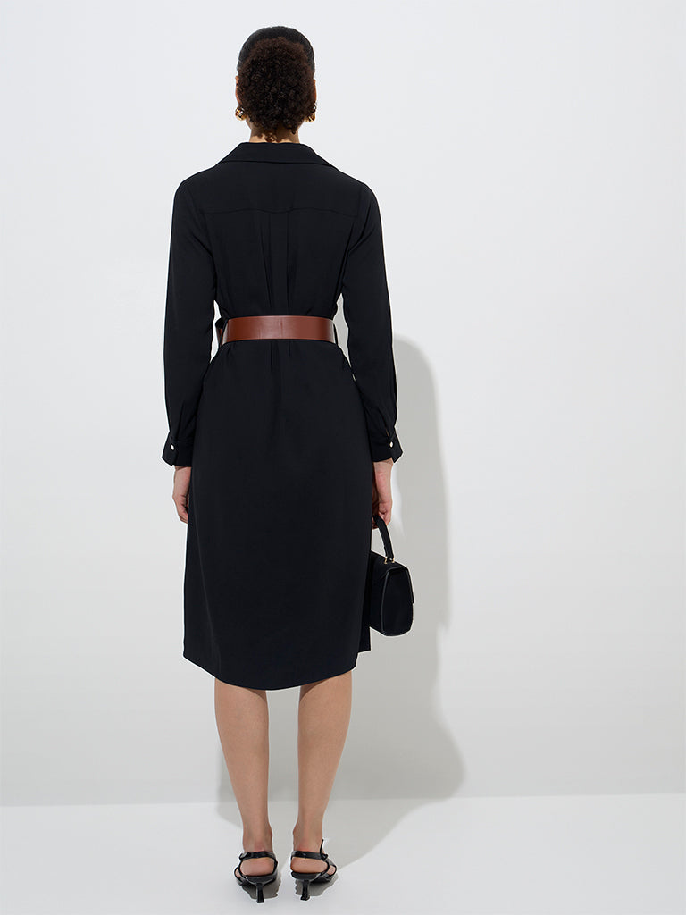 Wardrobe Black Solid Shirt Dress with Belt