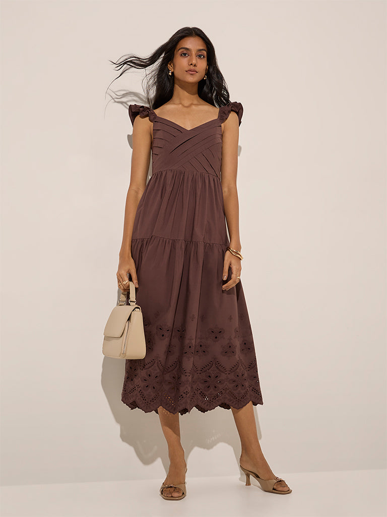 LOV Dark Brown Cut-Out Detailed A-Line Cotton Dress