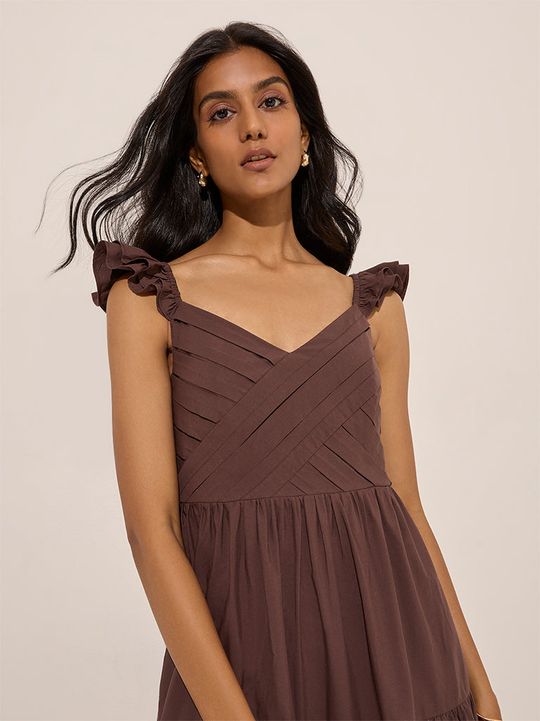 LOV Dark Brown Cut-Out Detailed A-Line Cotton Dress