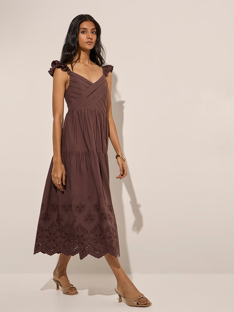 LOV Dark Brown Cut-Out Detailed A-Line Cotton Dress