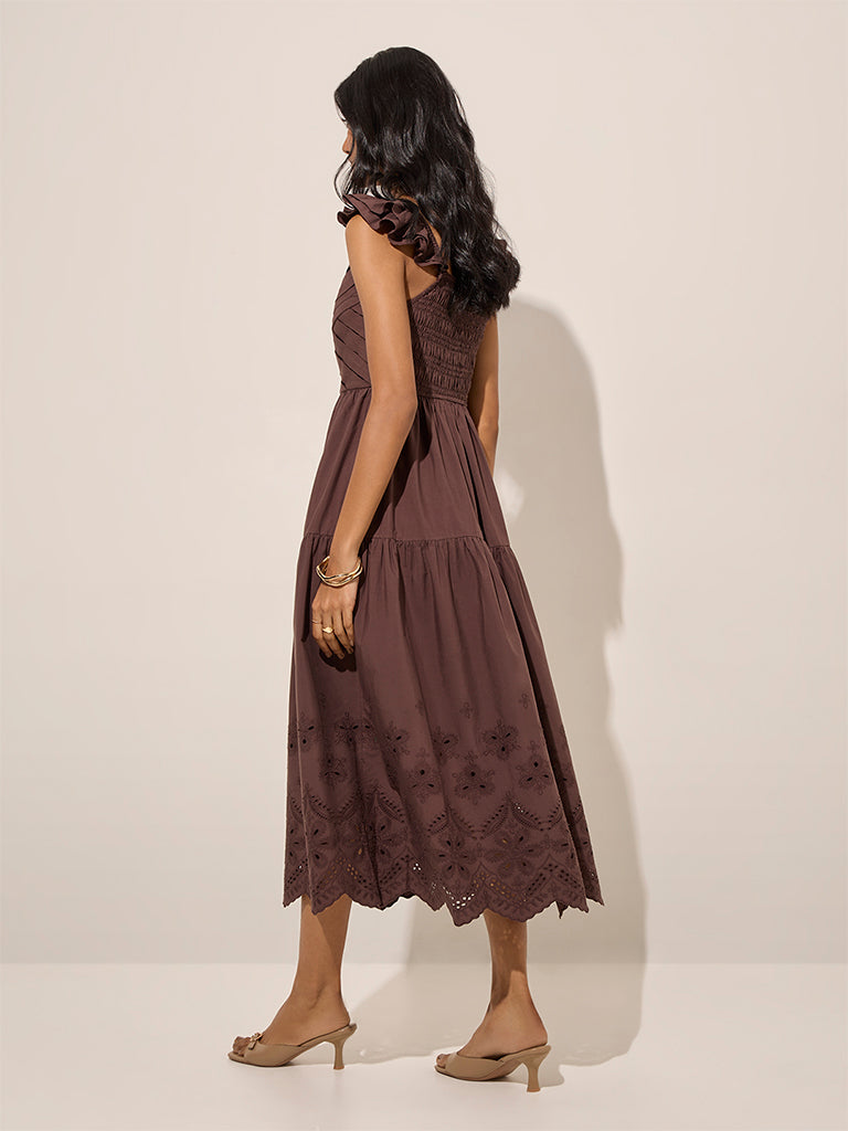 LOV Dark Brown Cut-Out Detailed A-Line Cotton Dress