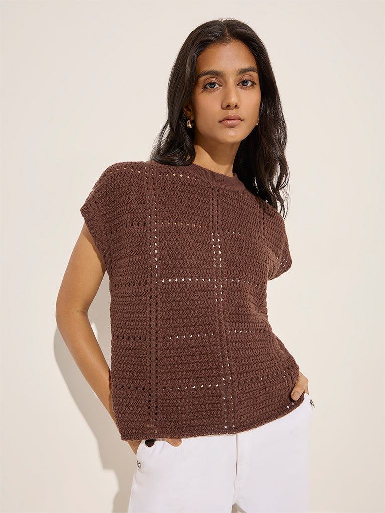 LOV Dark Brown Crochet Cotton Top