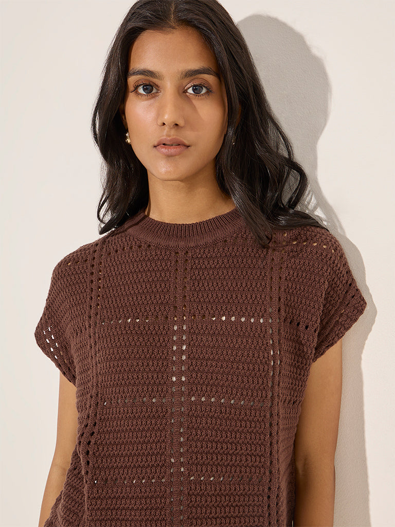 LOV Dark Brown Crochet Cotton Top