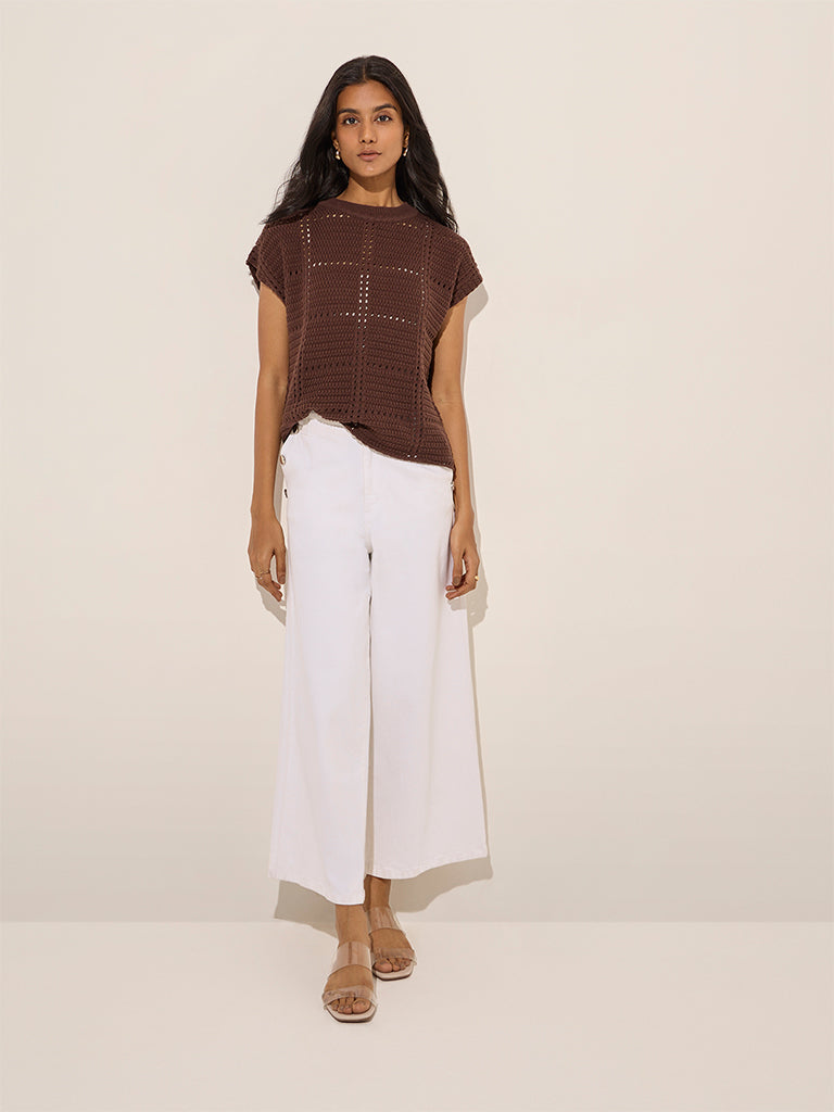 LOV Dark Brown Crochet Cotton Top