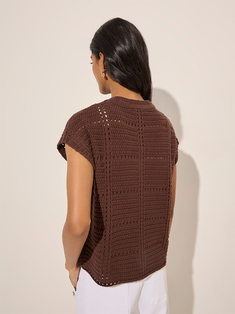 LOV Dark Brown Crochet Cotton Top