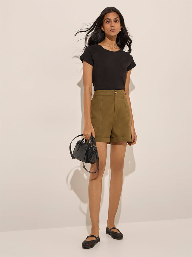 LOV Olive High-Rise Cotton-Blend Shorts