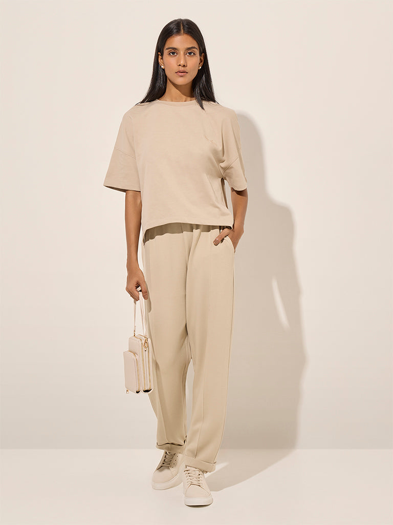 LOV Beige Solid Mid-Rise Track Pants