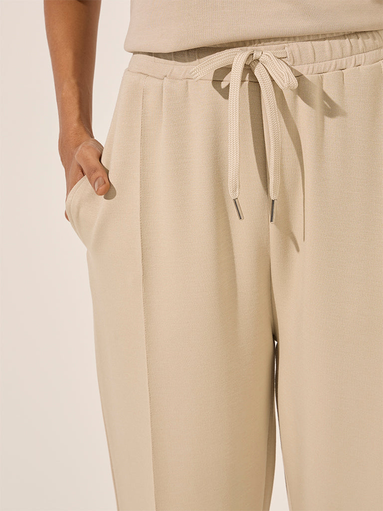 LOV Beige Solid Mid-Rise Track Pants