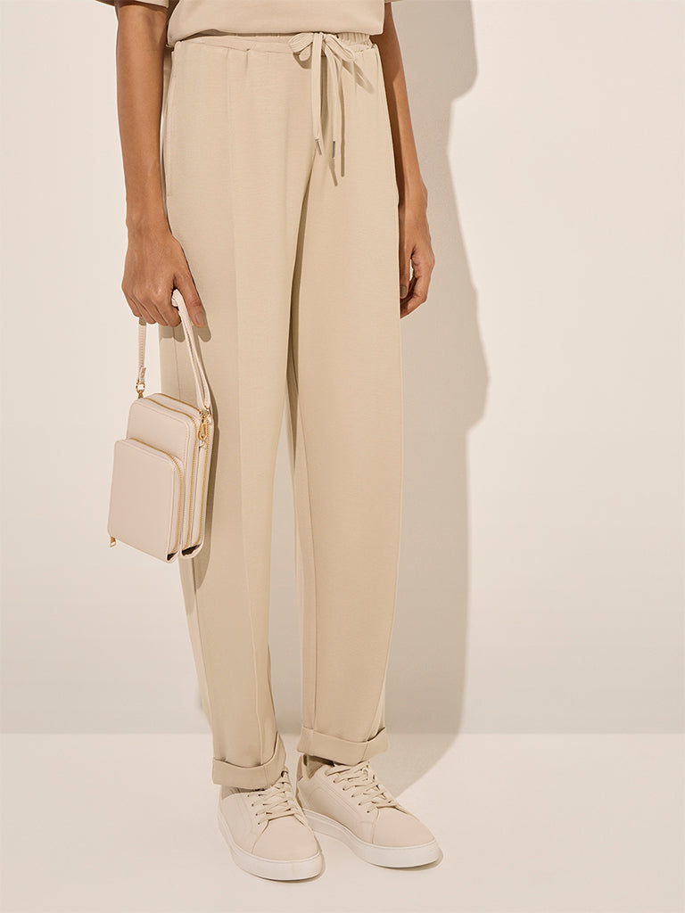 LOV Beige Solid Mid-Rise Track Pants