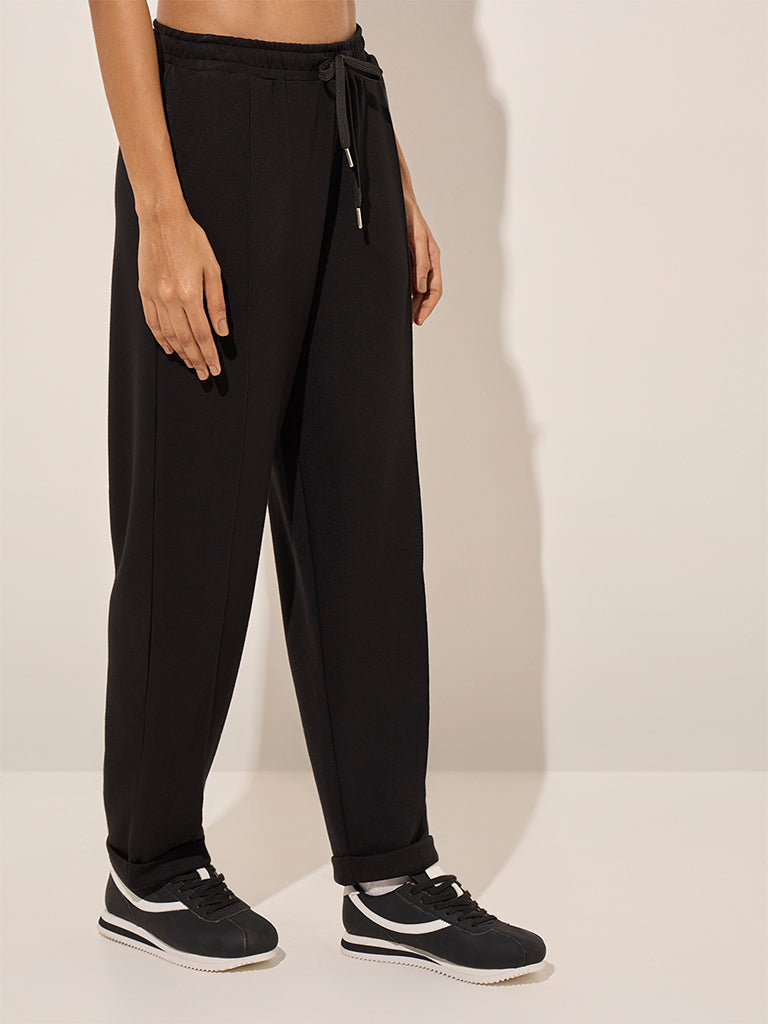 LOV Black Solid Mid-Rise Track Pants