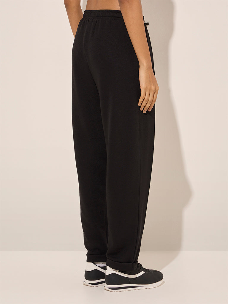 LOV Black Solid Mid-Rise Track Pants