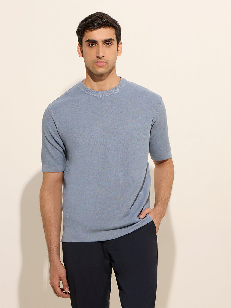 WES Formals Dusty Blue Knit-Textured Slim-Fit T-Shirt