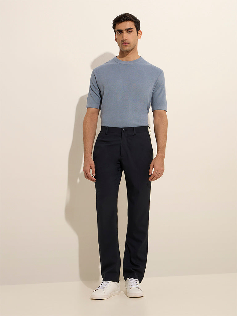 WES Formals Dusty Blue Knit-Textured Slim-Fit T-Shirt