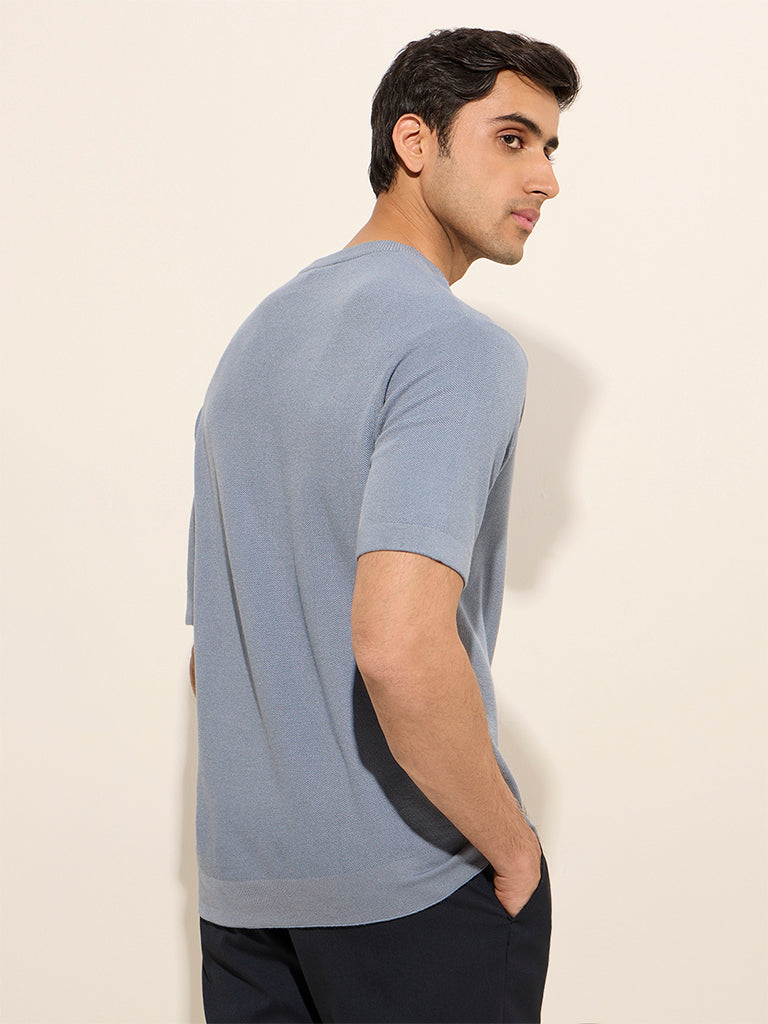 WES Formals Dusty Blue Knit-Textured Slim-Fit T-Shirt