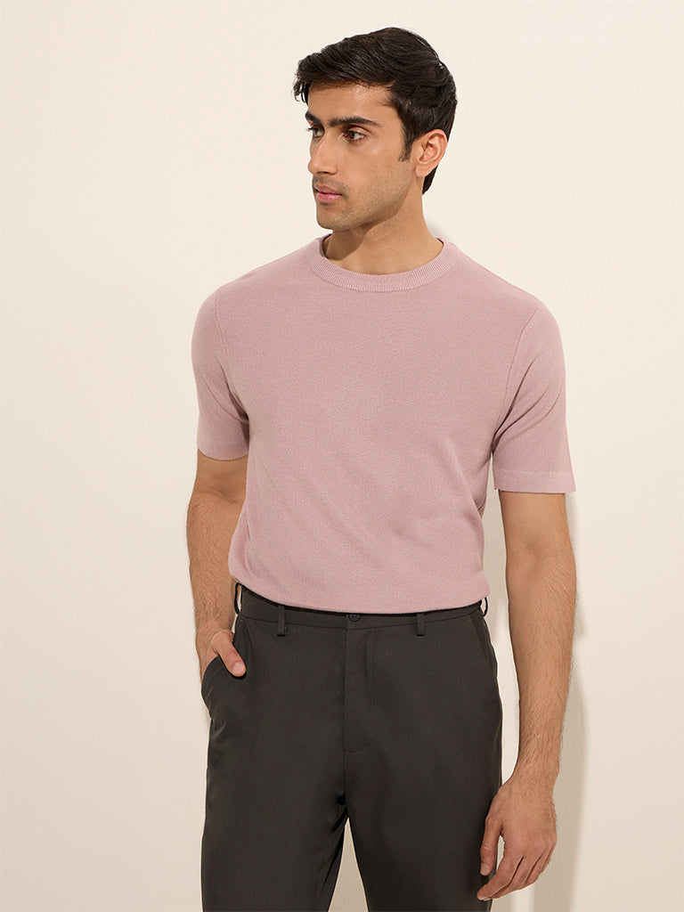 WES Formals Dusty Pink Knit-Textured Slim-Fit T-Shirt