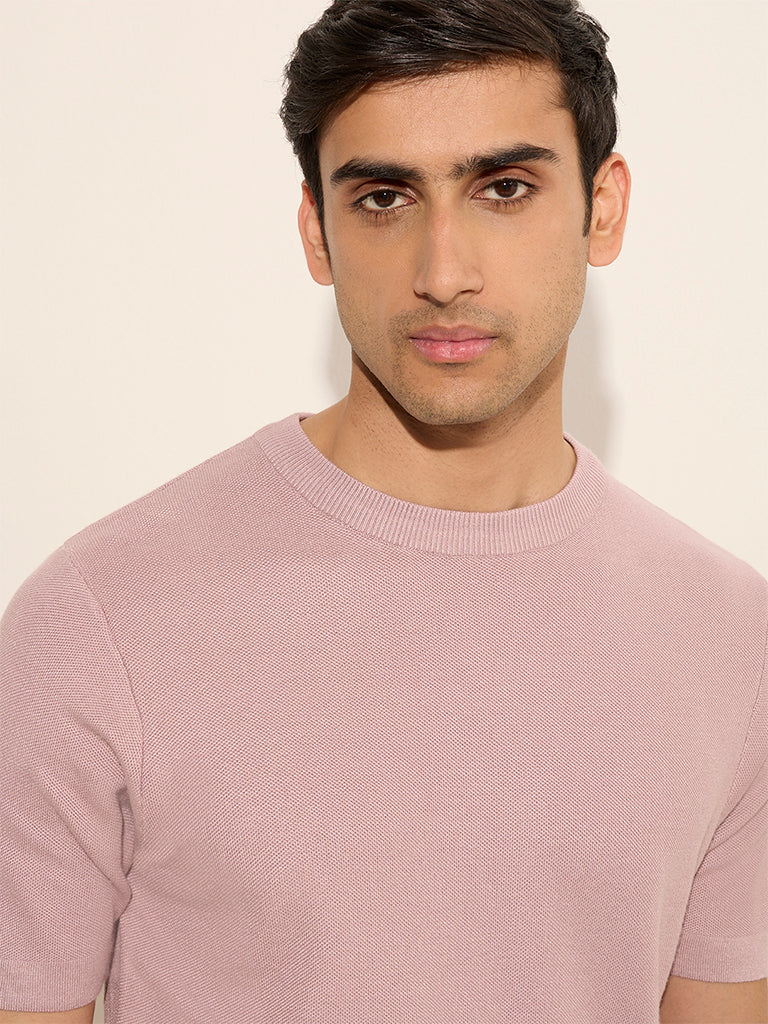 WES Formals Dusty Pink Knit-Textured Slim-Fit T-Shirt