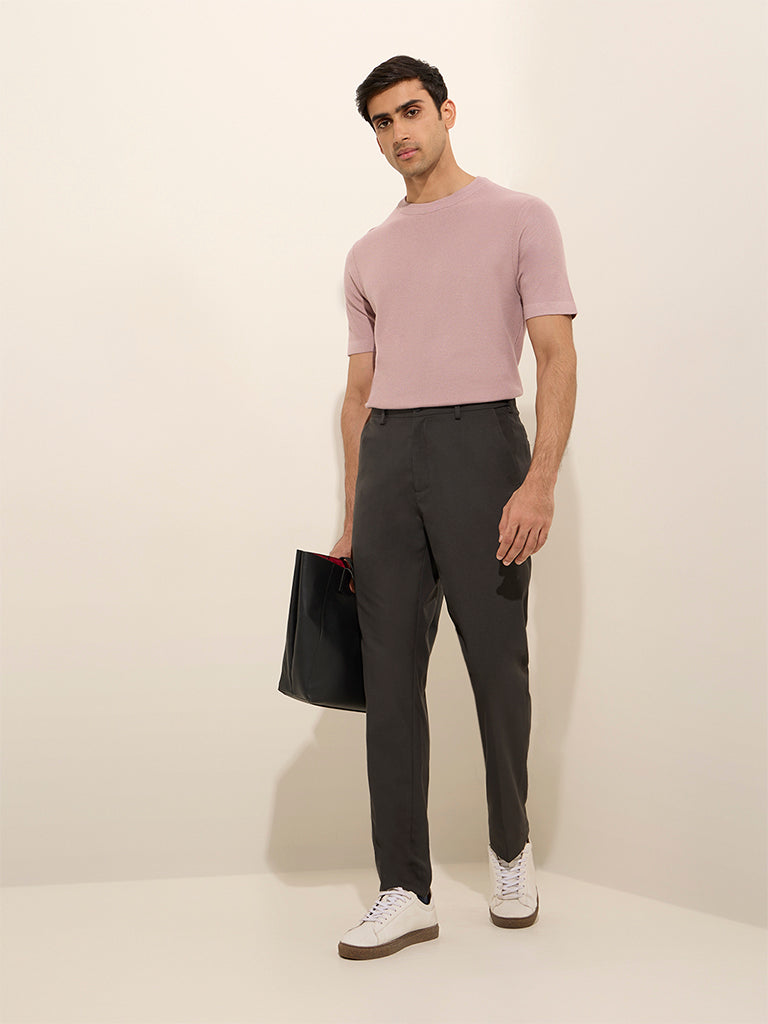 WES Formals Dusty Pink Knit-Textured Slim-Fit T-Shirt