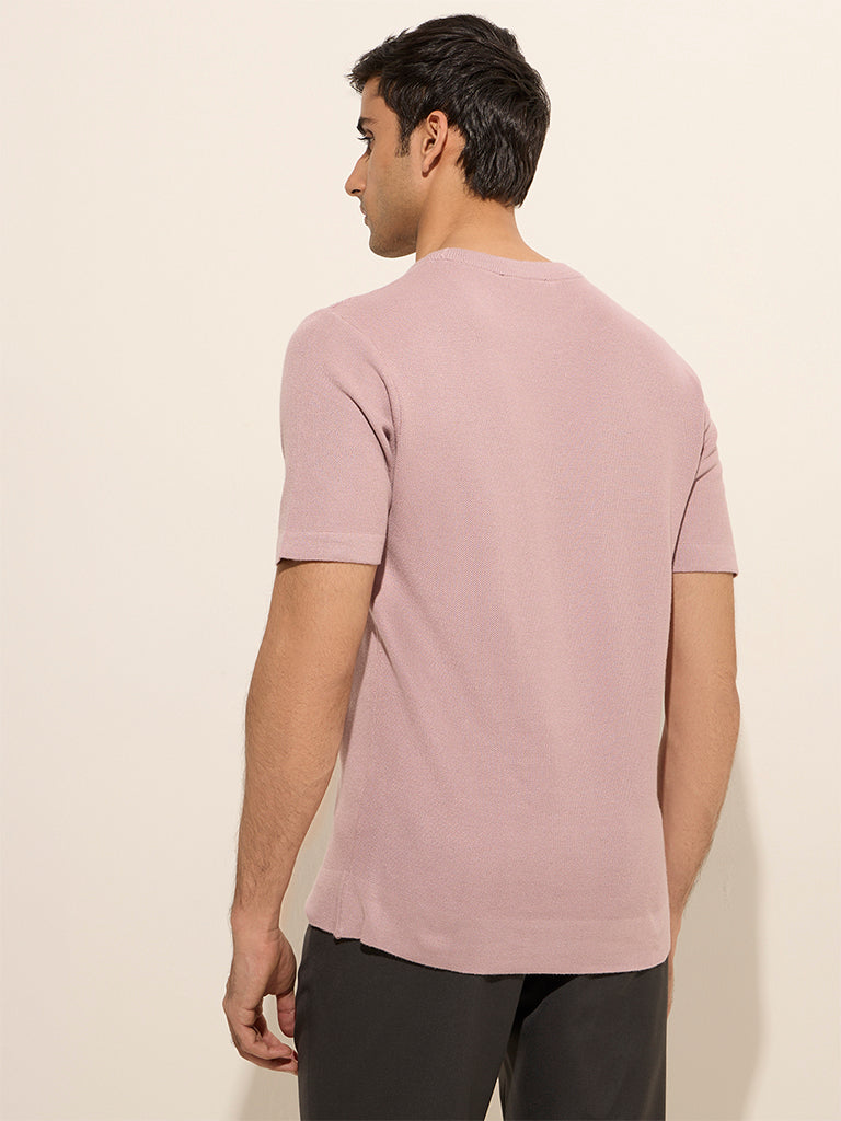 WES Formals Dusty Pink Knit-Textured Slim-Fit T-Shirt