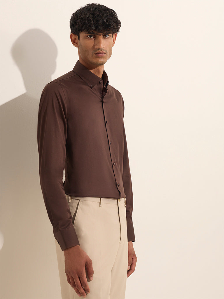 WES Formals Brown Slim-Fit Cotton Blend Shirt