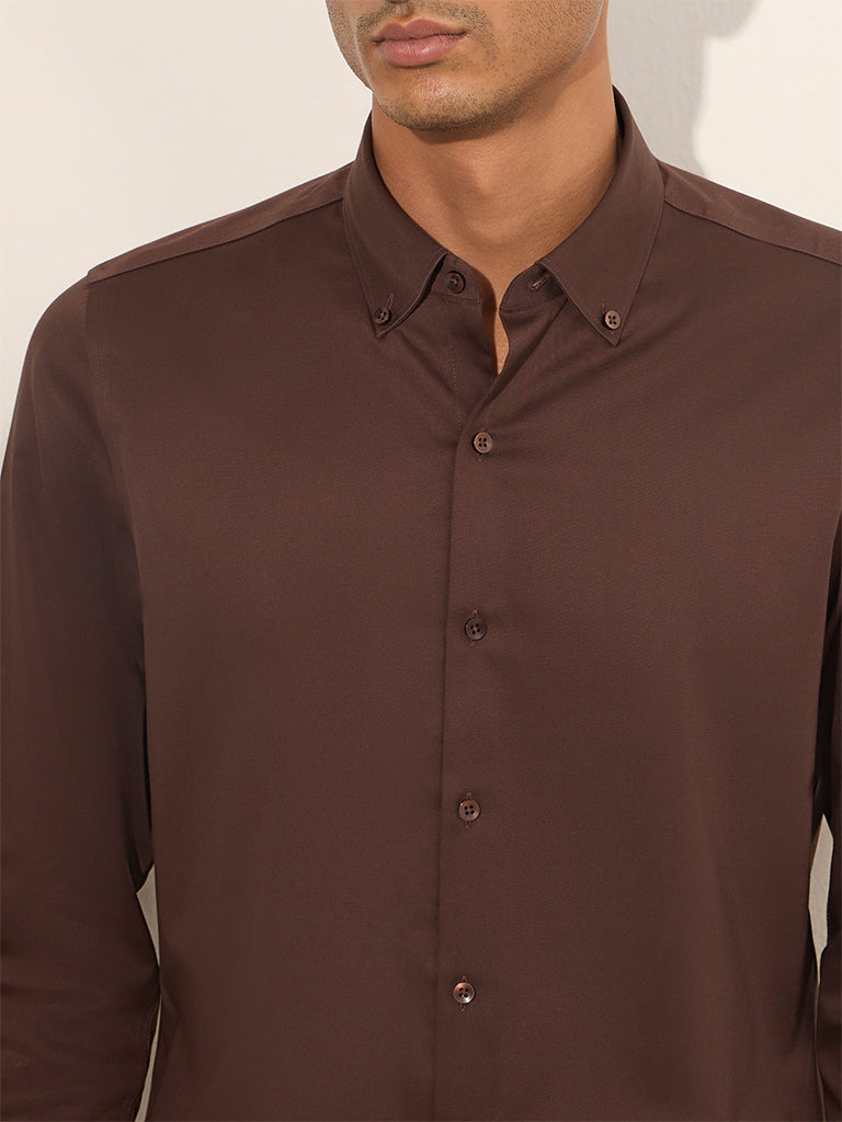 WES Formals Brown Slim-Fit Cotton Blend Shirt