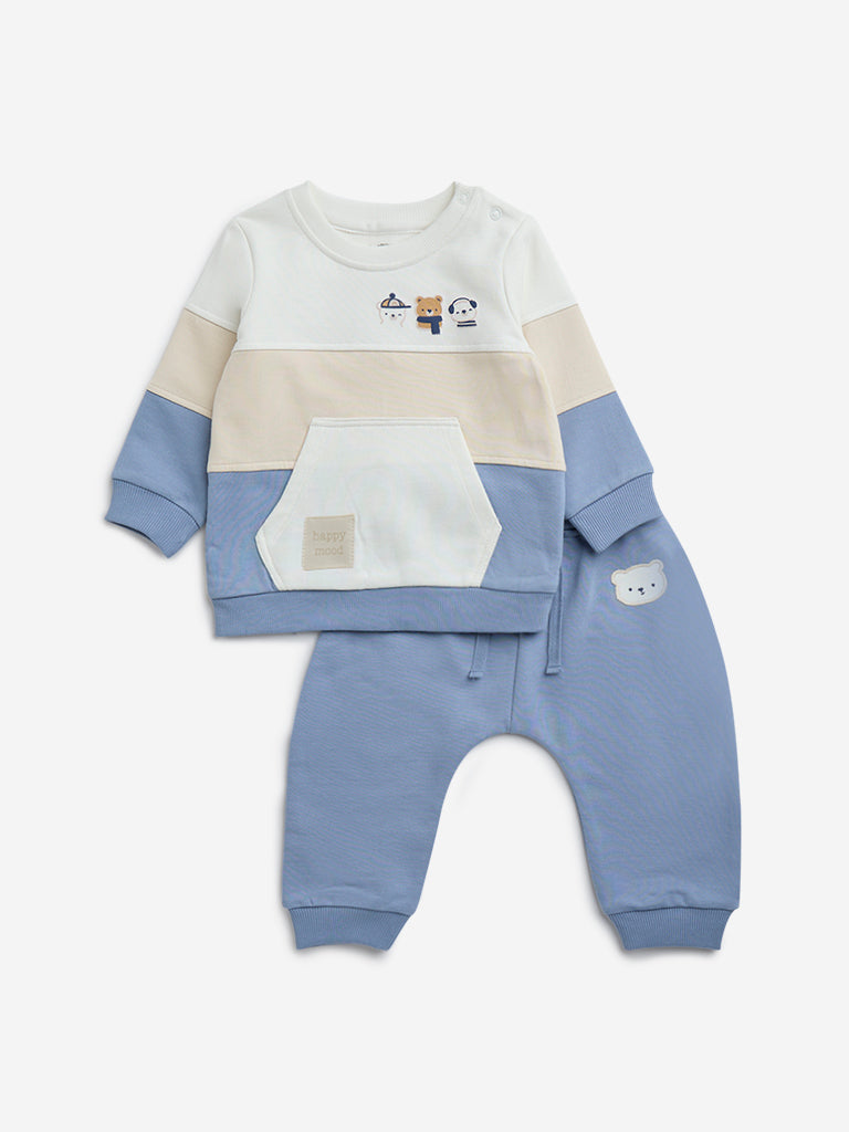 HOP Baby Blue Applique-Detailed Cotton T-Shirt and Pants Set