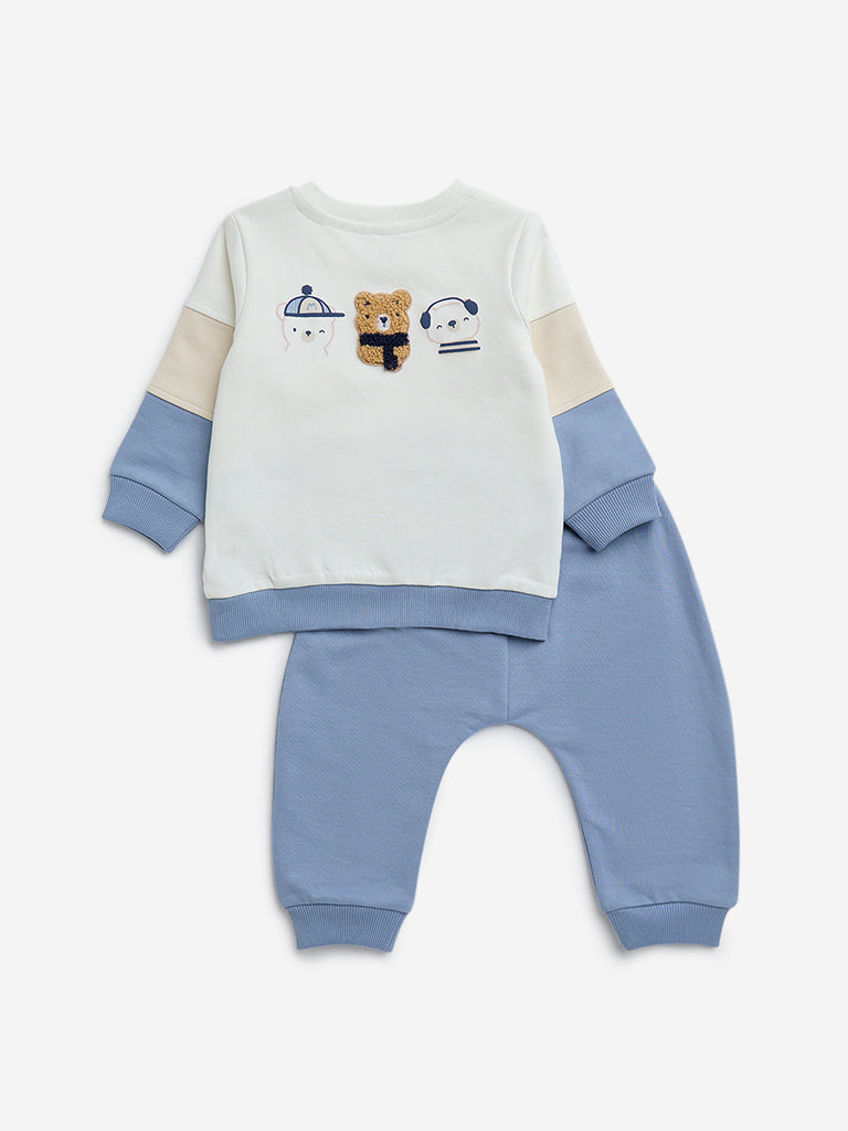 HOP Baby Blue Applique-Detailed Cotton T-Shirt and Pants Set