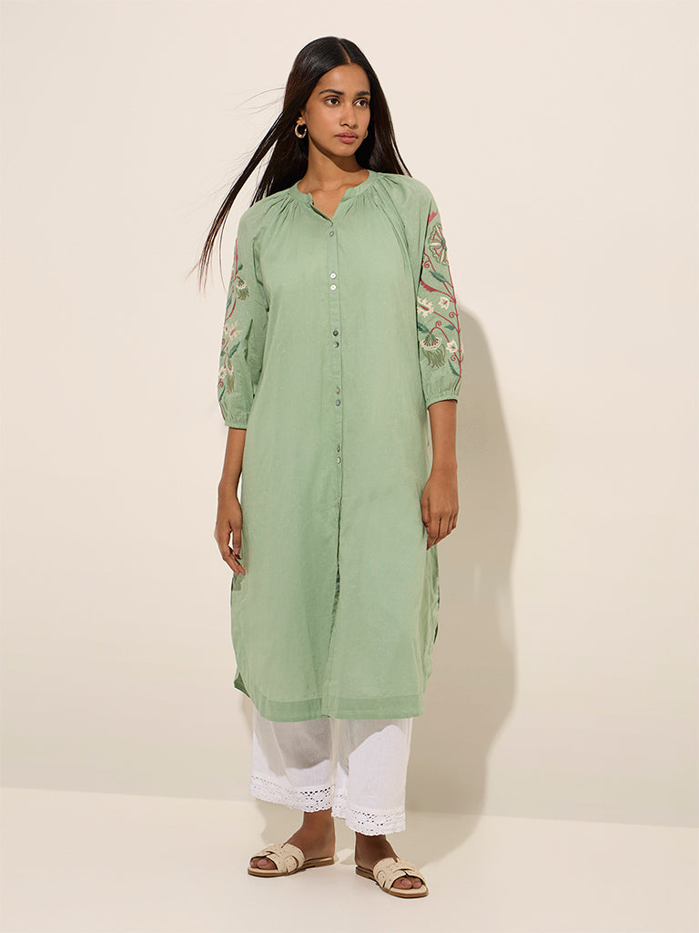 Utsa Mint Floral Embroidered Straight Cotton Kurta