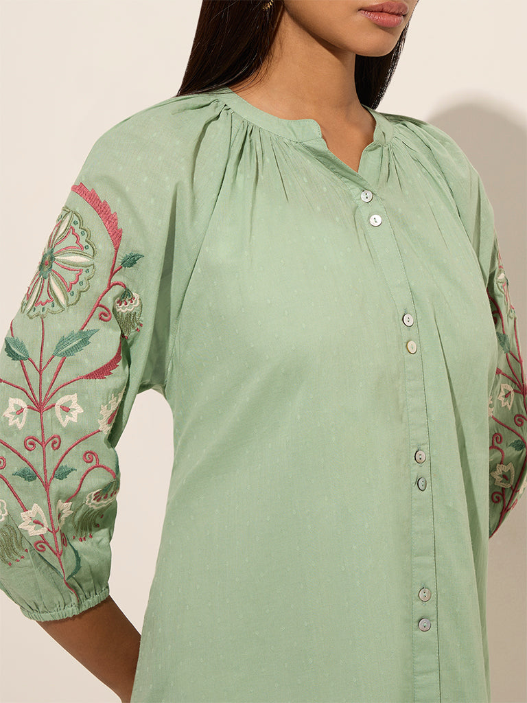 Utsa Mint Floral Embroidered Straight Cotton Kurta