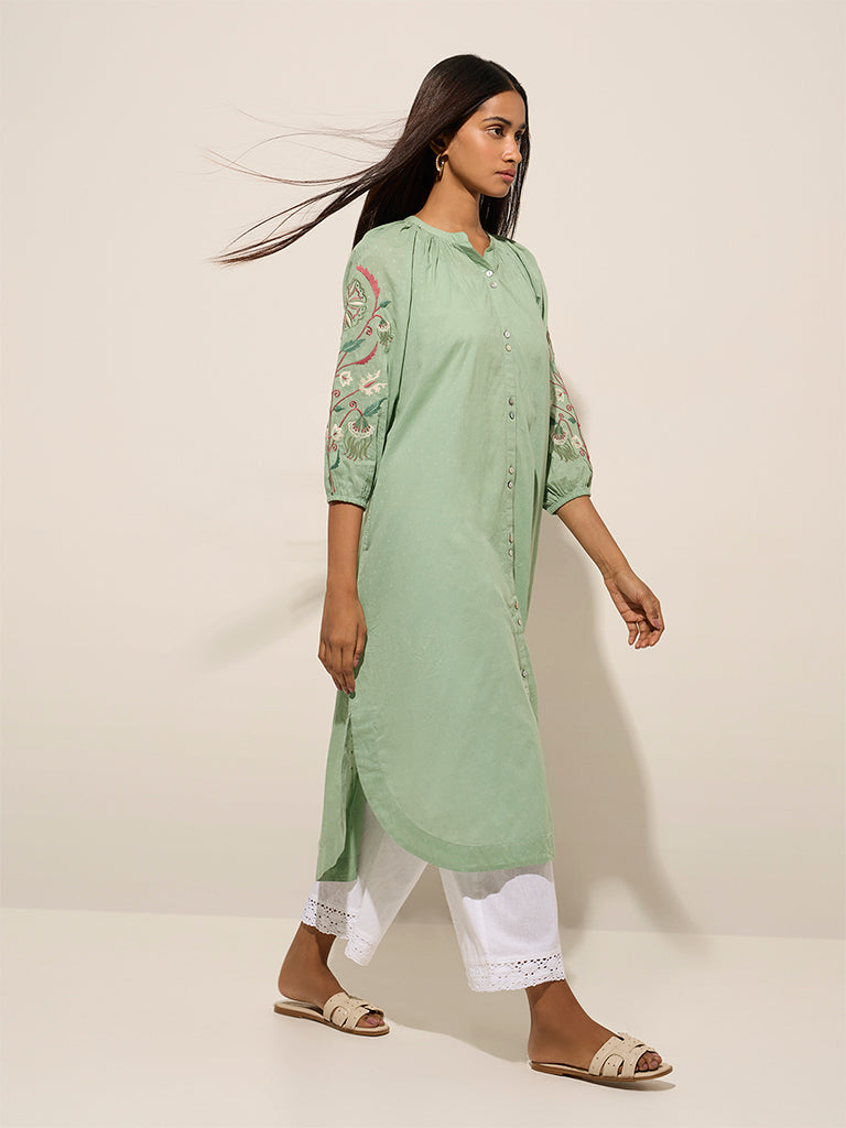 Utsa Mint Floral Embroidered Straight Cotton Kurta