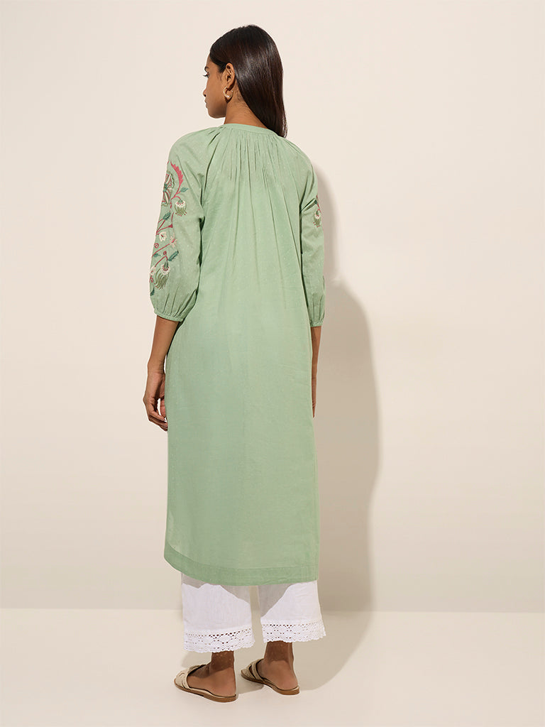 Utsa Mint Floral Embroidered Straight Cotton Kurta