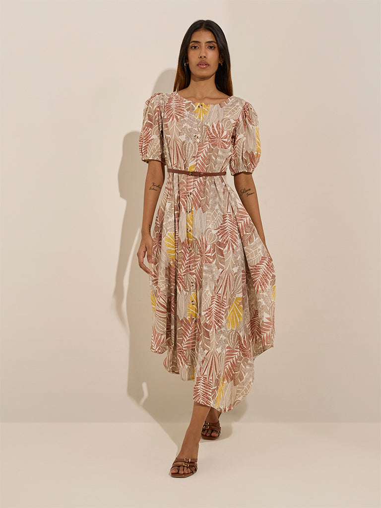 Utsa Beige Leaf Printed Asymmetrical Cotton Dress