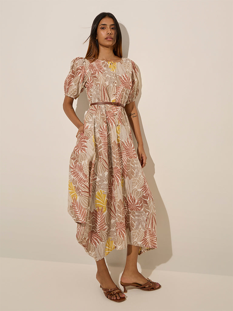 Utsa Beige Leaf Printed Asymmetrical Cotton Dress