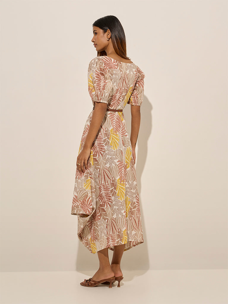 Utsa Beige Leaf Printed Asymmetrical Cotton Dress