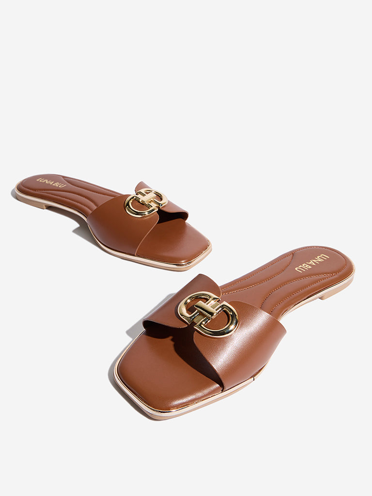 LUNA BLU Tan Metal Detailed Sandals