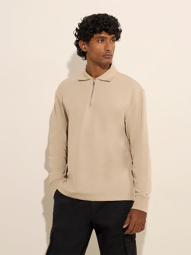 WES Casuals Beige Relaxed-Fit Cotton-Blend Sweatshirt