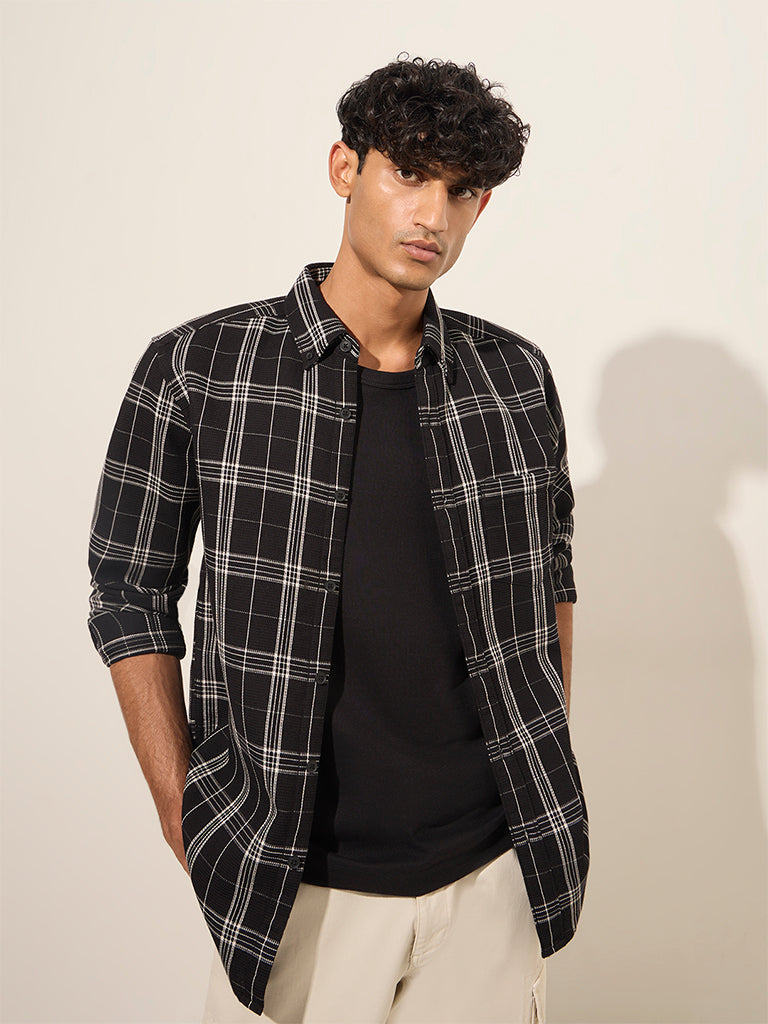 WES Casuals Black Checkered Relaxed-Fit Cotton Shirt