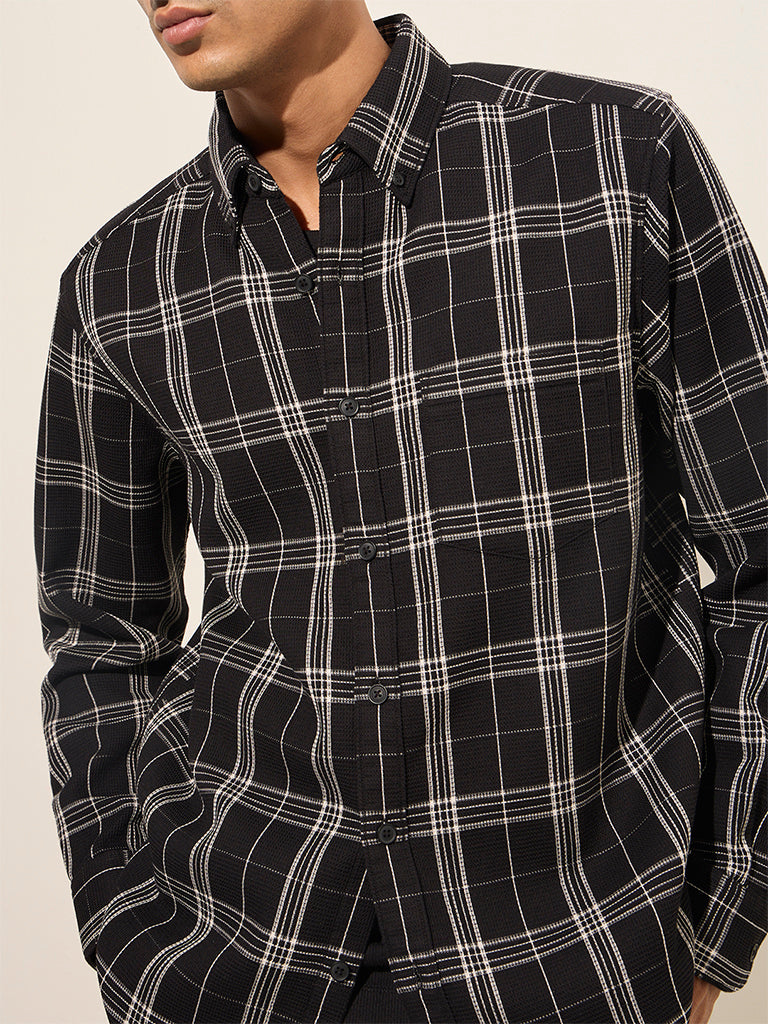 WES Casuals Black Checkered Relaxed-Fit Cotton Shirt