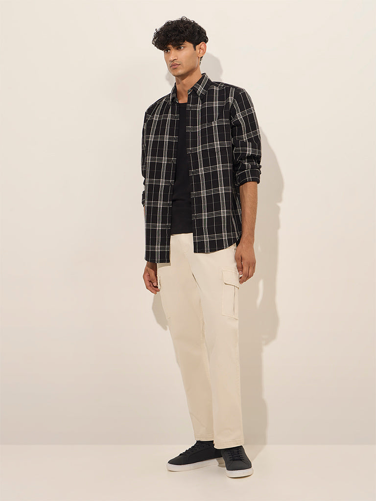 WES Casuals Black Checkered Relaxed-Fit Cotton Shirt