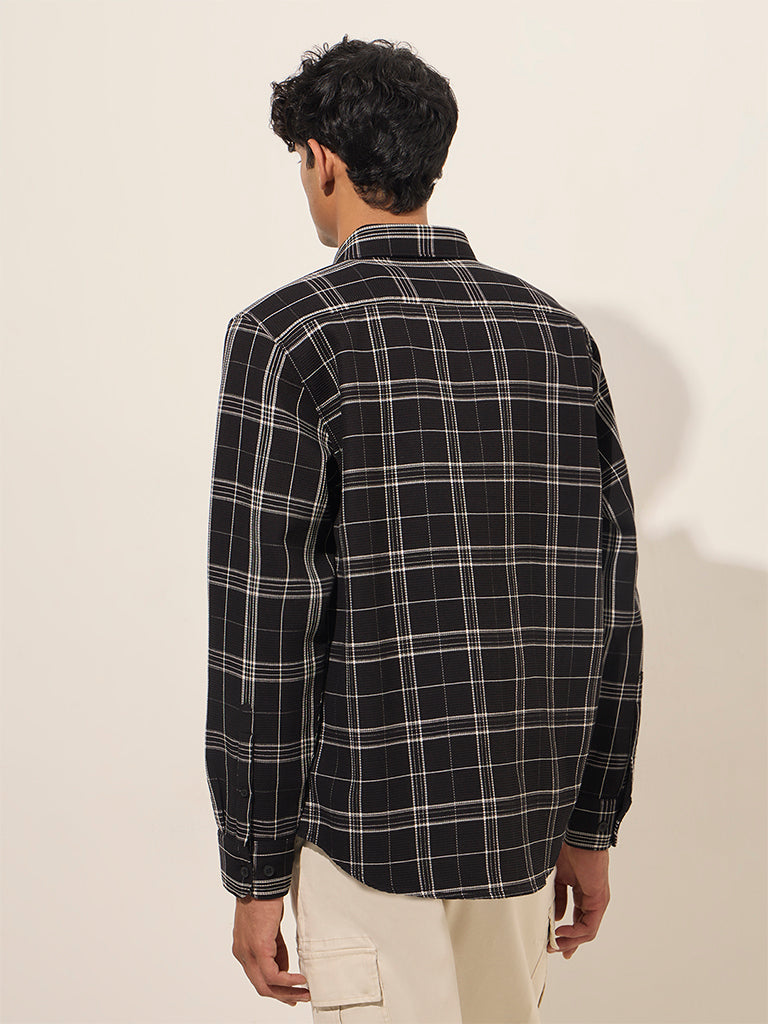 WES Casuals Black Checkered Relaxed-Fit Cotton Shirt