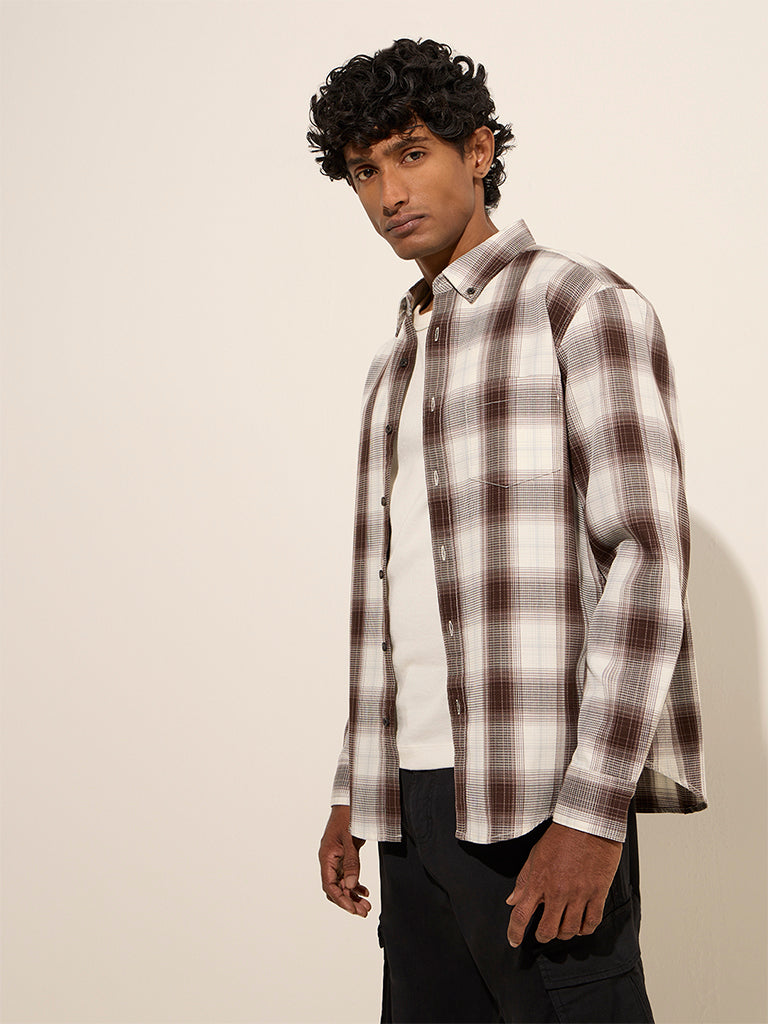 WES Casuals Brown Checks Printed Relaxed-Fit Cotton Shirt