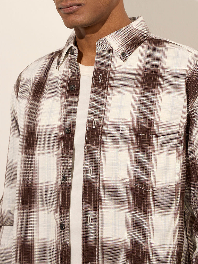 WES Casuals Brown Checks Printed Relaxed-Fit Cotton Shirt